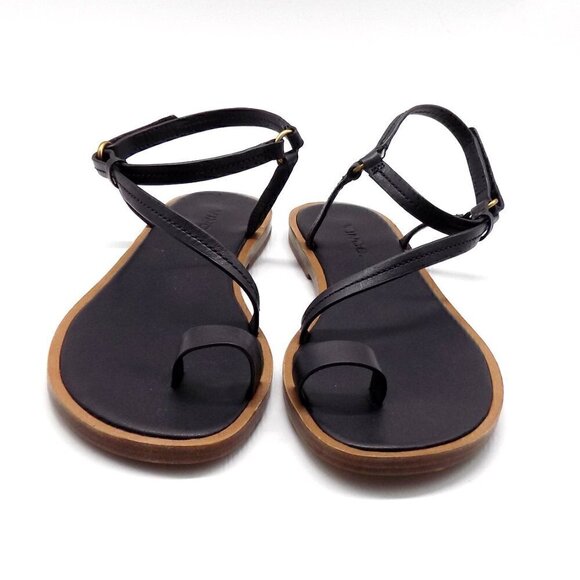 Vince Black Leather Flat Sandals Perrigan Hook and Loop Closure Toe Ring - Picture 7 of 14